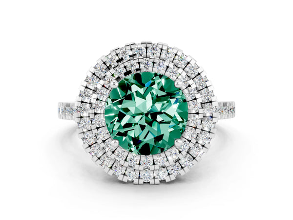 White gold Double Halo Round Cut Green Sapphire Pavé Band with Four-Prong Setting