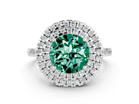 White gold Double Halo Round Cut Green Sapphire Pavé Band with Four-Prong Setting