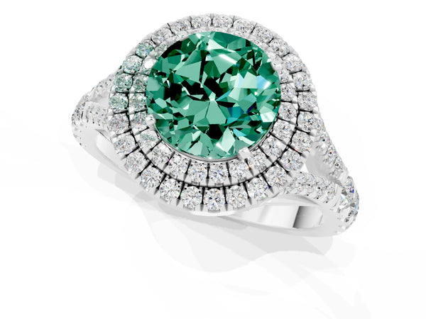 Platinum Double Halo Round Cut Green Sapphire Pavé Split Shank Ring with Prong Setting