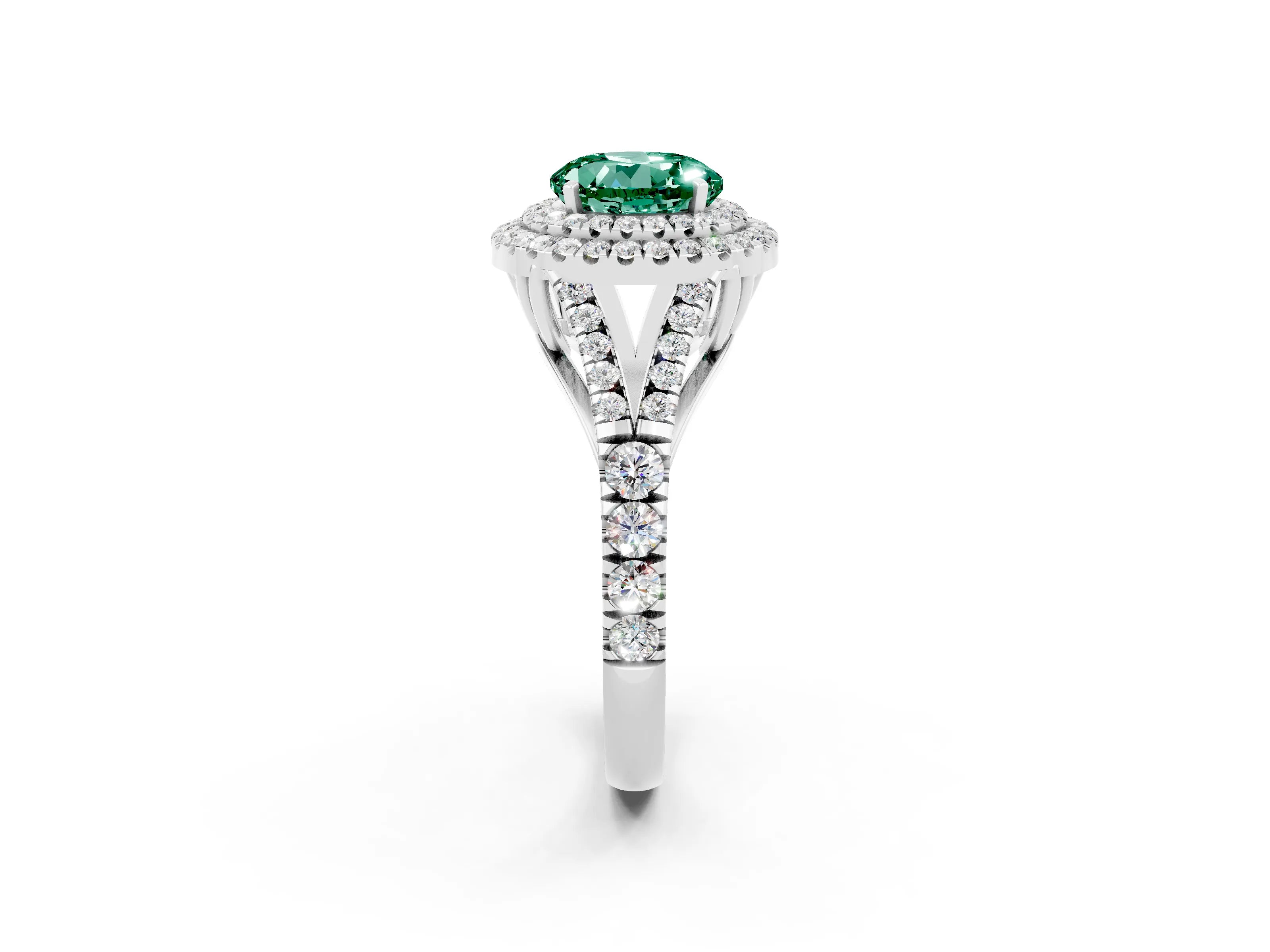 White gold Double Halo Round Cut Green Sapphire Pavé Split Shank Ring with Prong Setting_2