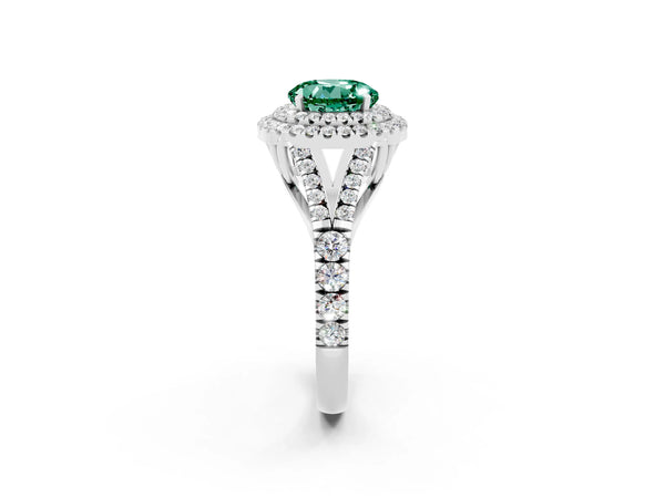 Silver Double Halo Round Cut Green Sapphire Pavé Split Shank Ring with Prong Setting