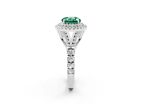 White gold Double Halo Round Cut Green Sapphire Pavé Split Shank Ring with Prong Setting_2