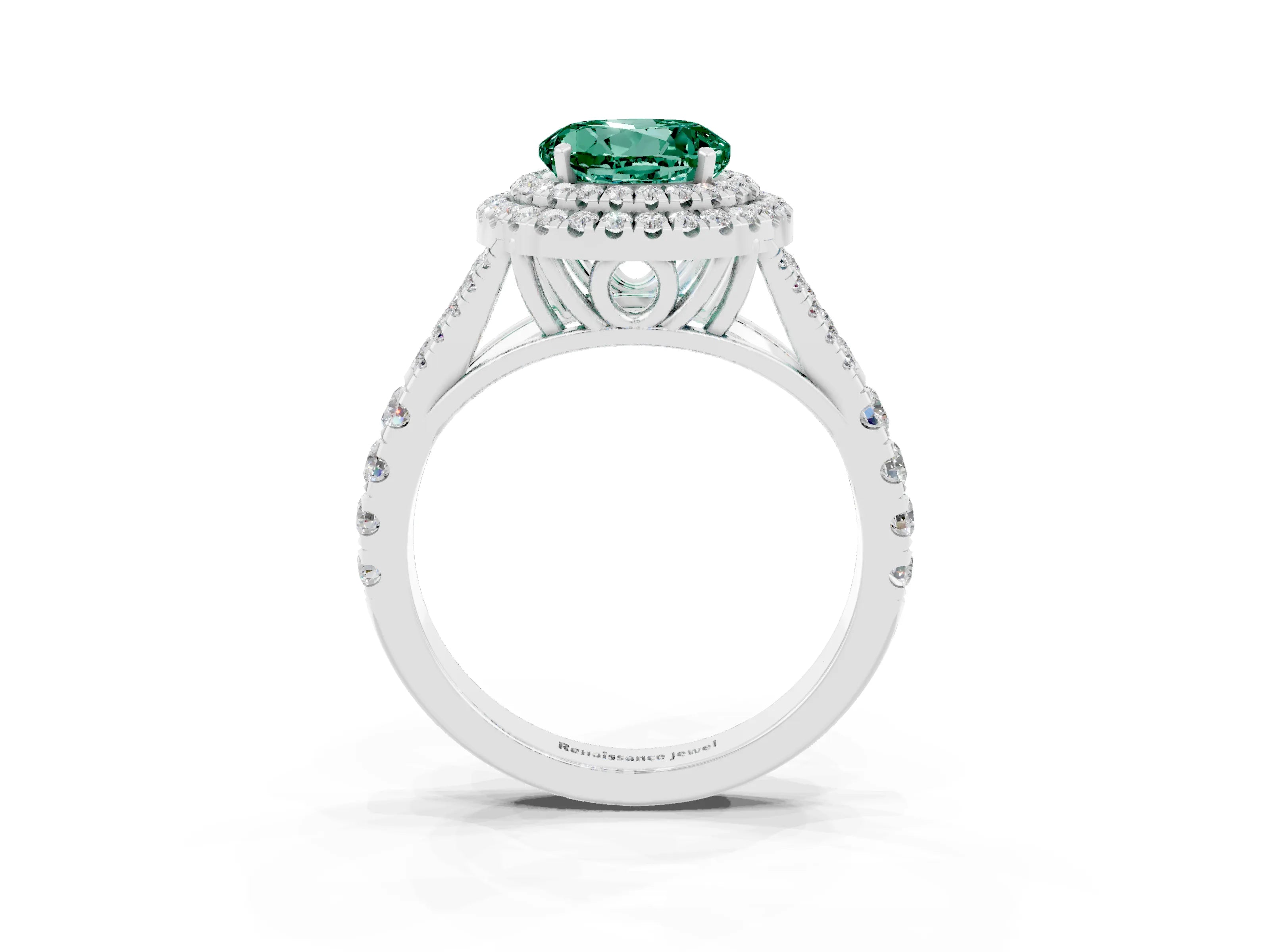 White gold Double Halo Round Cut Green Sapphire Pavé Split Shank Ring with Prong Setting_3