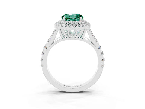 White gold Double Halo Round Cut Green Sapphire Pavé Split Shank Ring with Prong Setting_3
