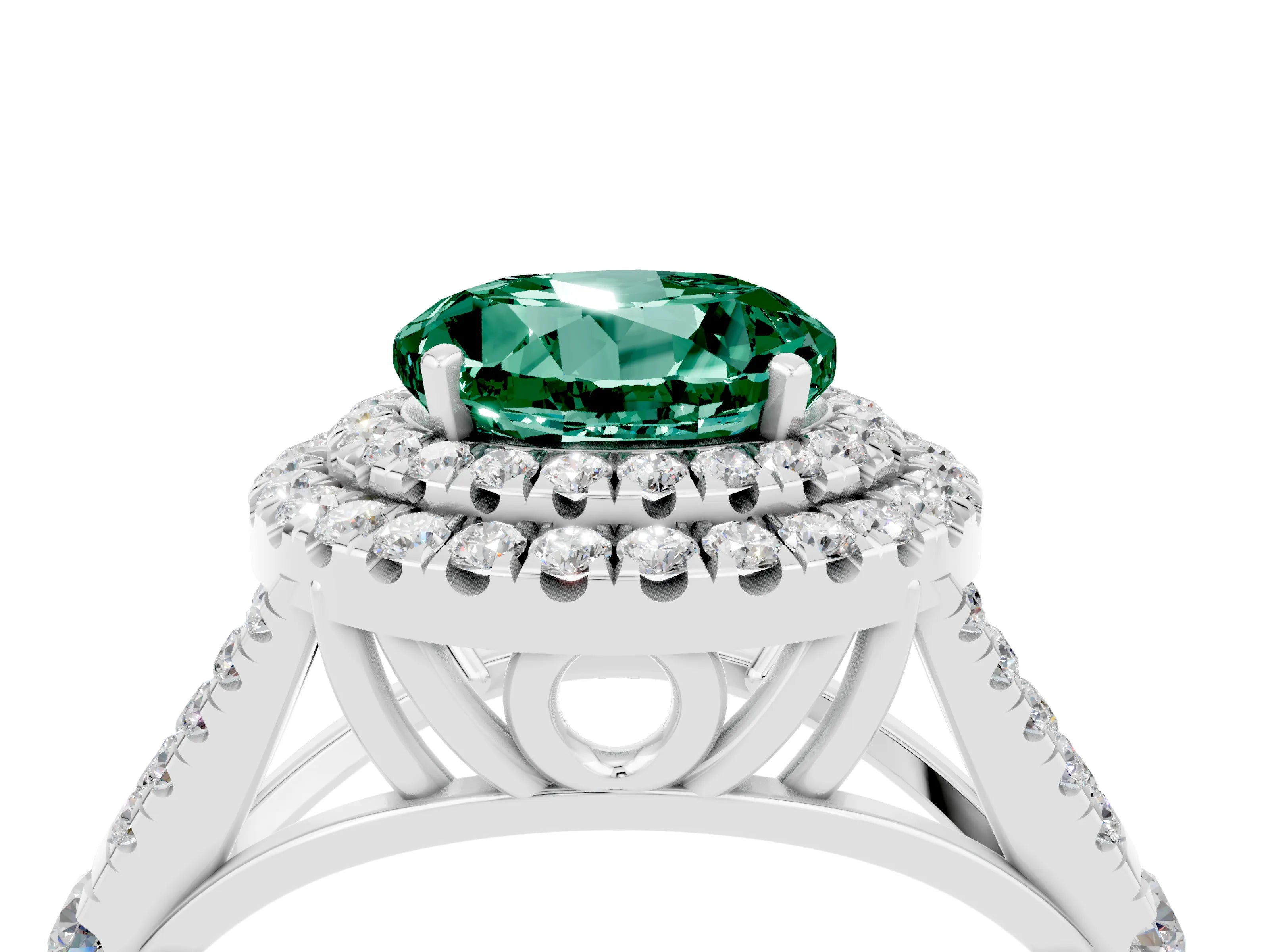 White gold Double Halo Round Cut Green Sapphire Pavé Split Shank Ring with Prong Setting_4