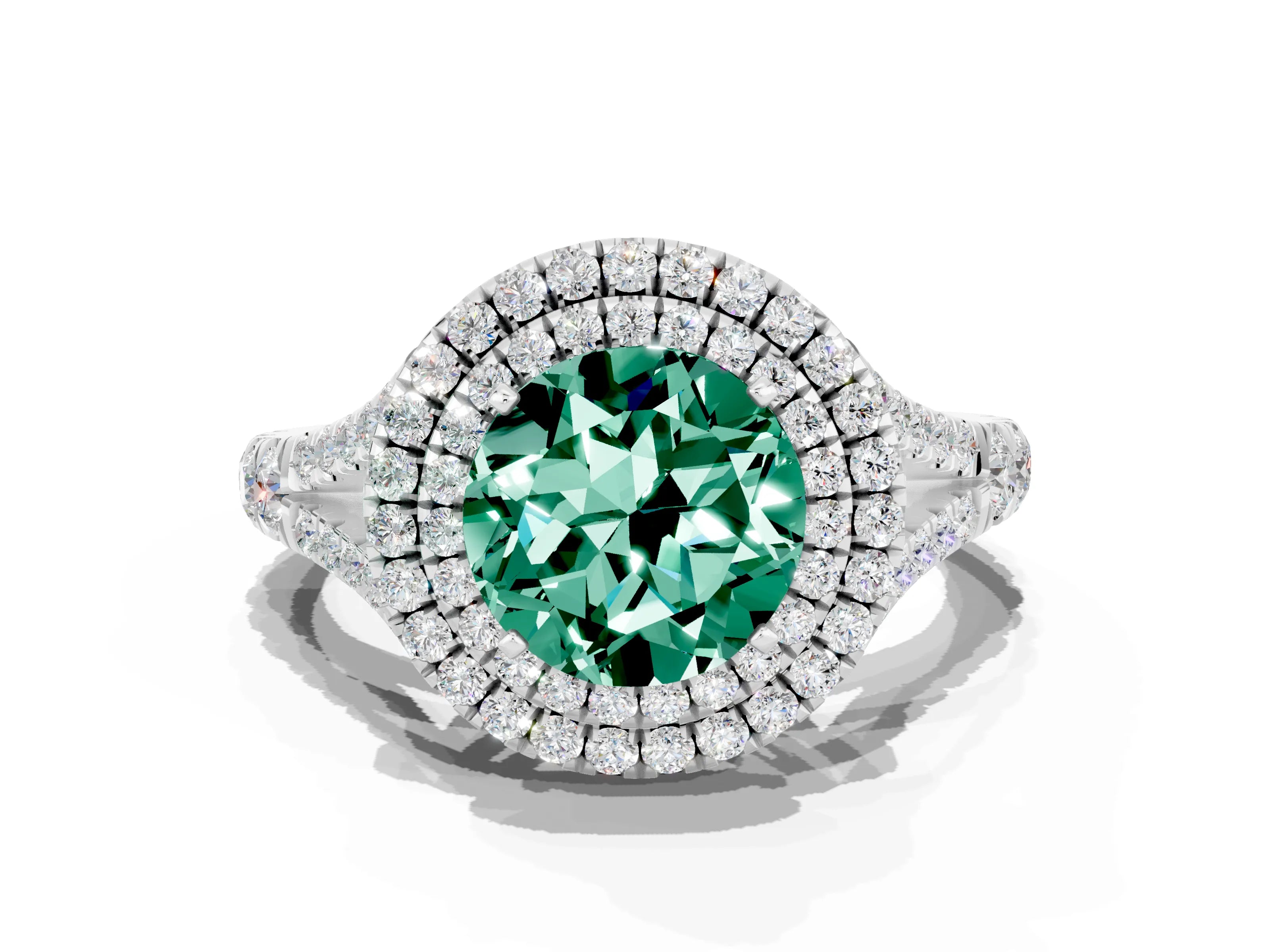 White gold Double Halo Round Cut Green Sapphire Pavé Split Shank Ring with Prong Setting