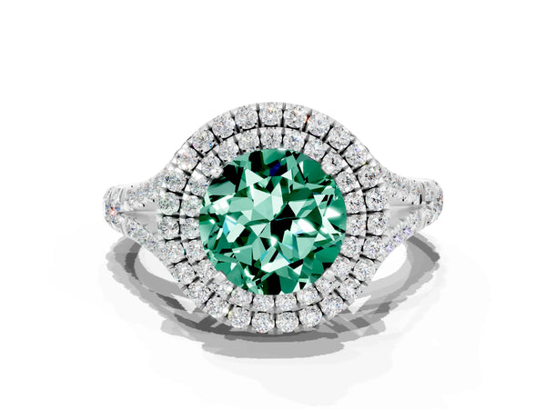 White gold Double Halo Round Cut Green Sapphire Pavé Split Shank Ring with Prong Setting