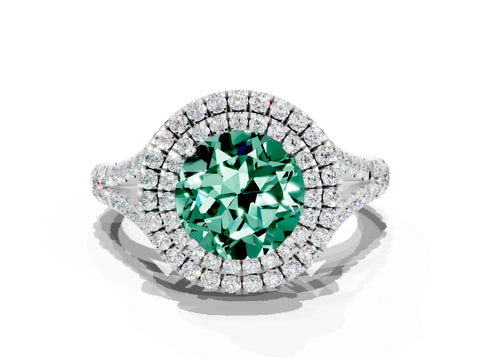 White gold Double Halo Round Cut Green Sapphire Pavé Split Shank Ring with Prong Setting