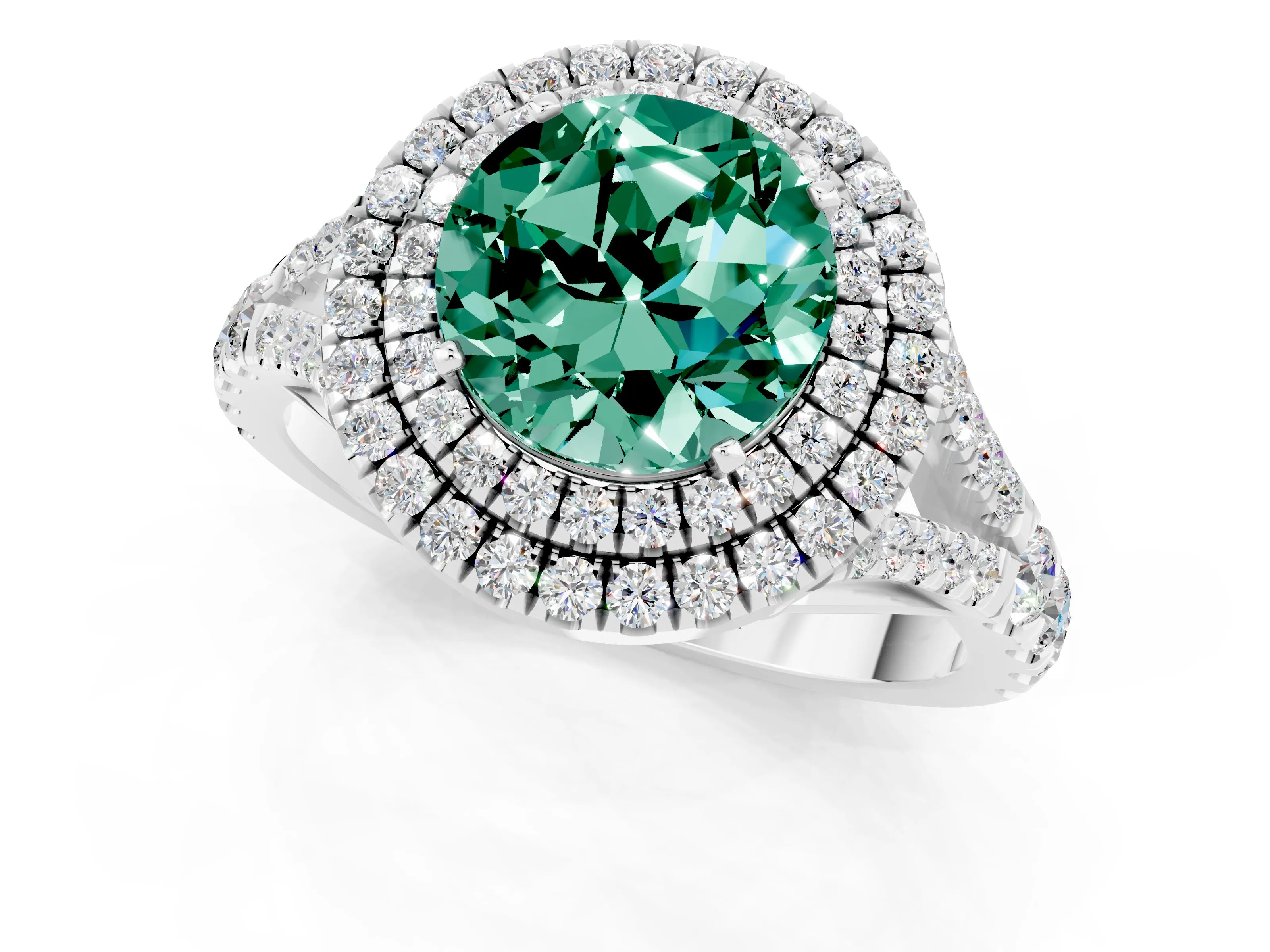 White gold Double Halo Round Cut Green Sapphire Split Shank Engagement Ring with Four-Prong Setting_1