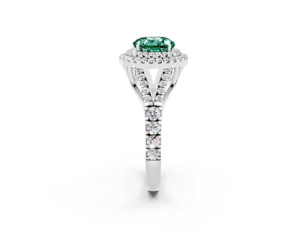 Platinum Double Halo Round Cut Green Sapphire Split Shank Engagement Ring with Four-Prong Setting