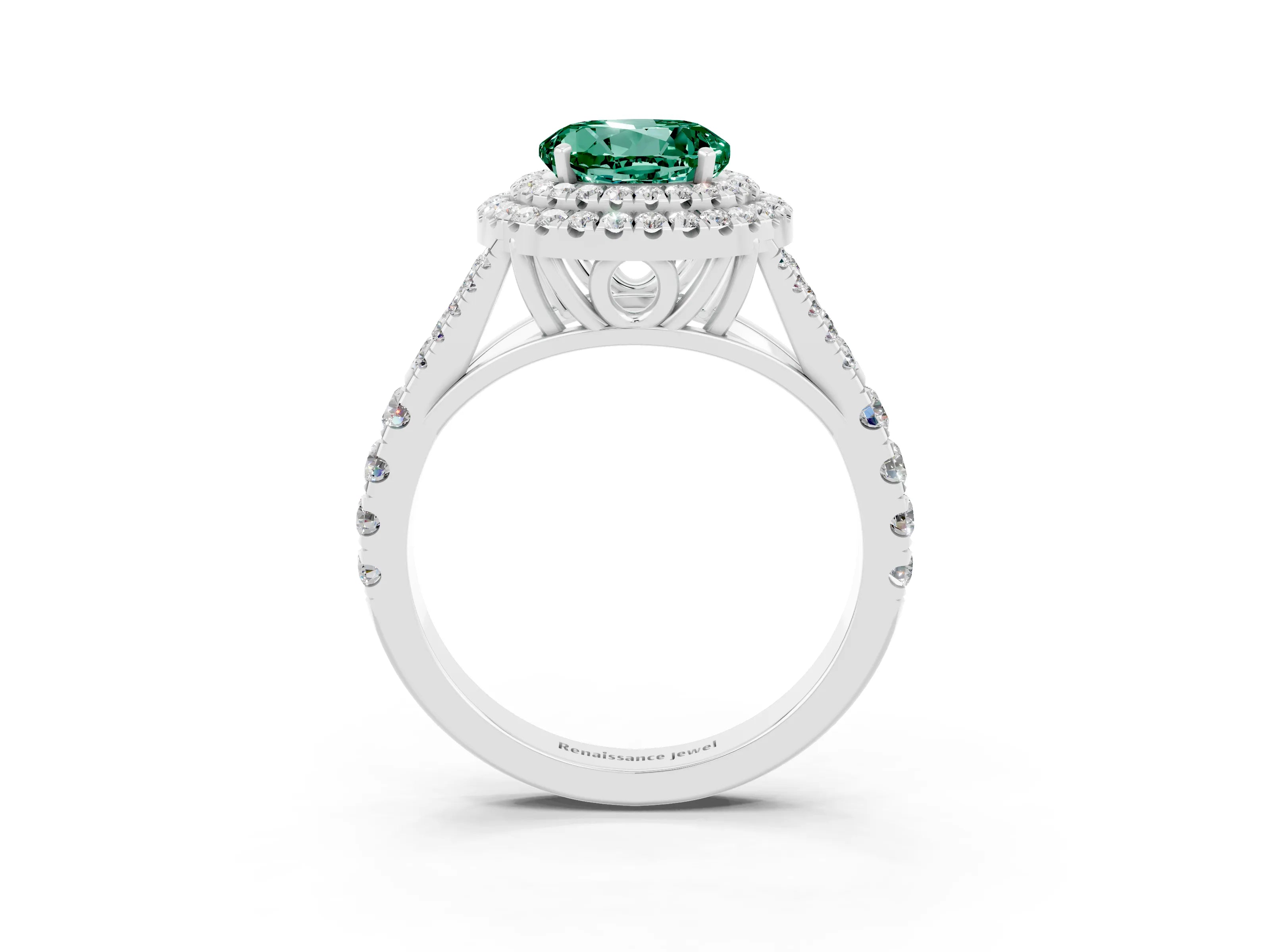 White gold Double Halo Round Cut Green Sapphire Split Shank Engagement Ring with Four-Prong Setting_3