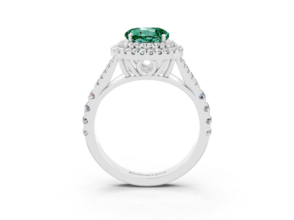 Silver Double Halo Round Cut Green Sapphire Split Shank Engagement Ring with Four-Prong Setting