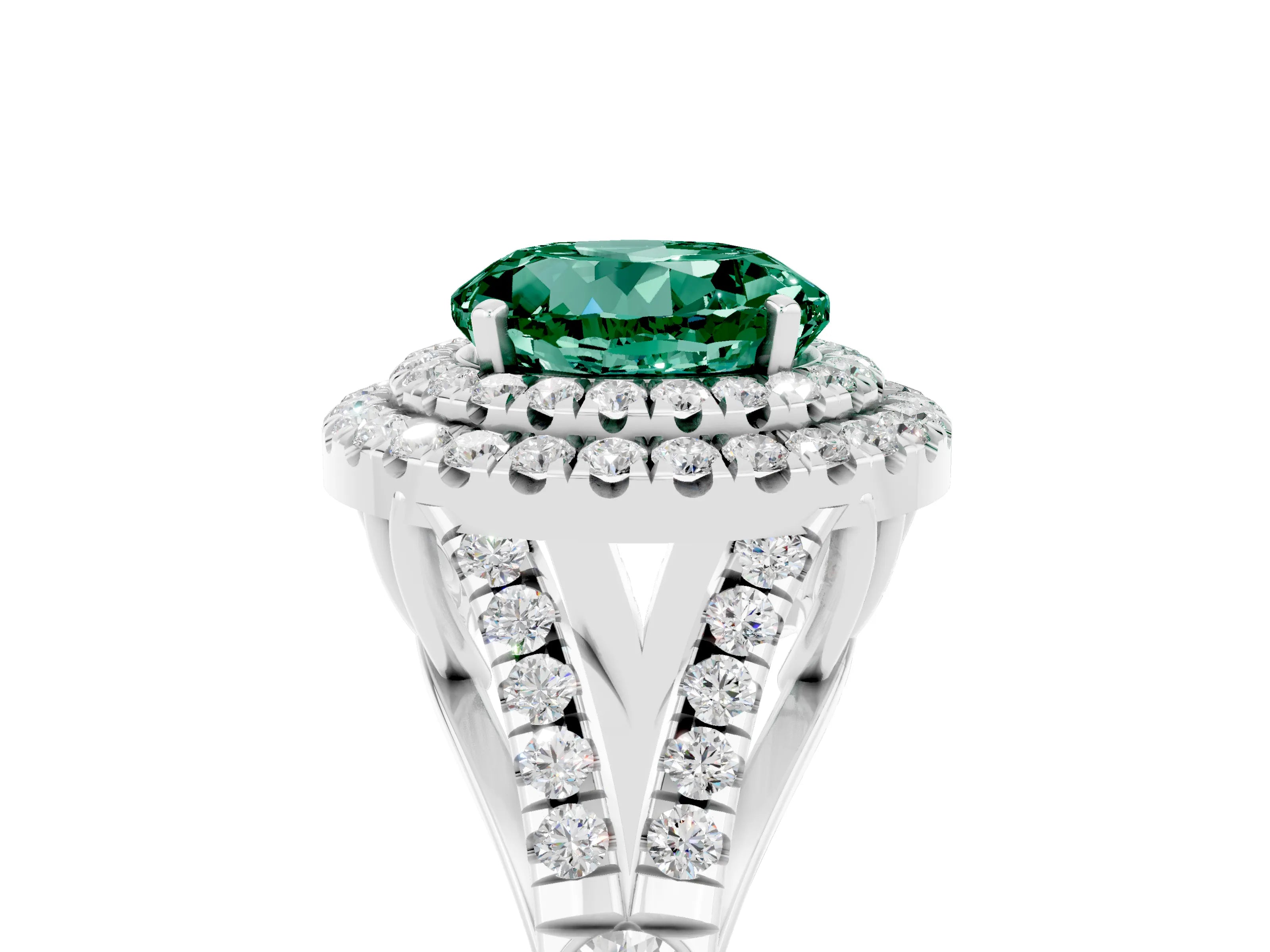 White gold Double Halo Round Cut Green Sapphire Split Shank Engagement Ring with Four-Prong Setting_5