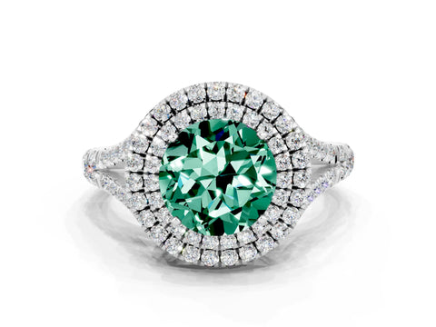 White gold Double Halo Round Cut Green Sapphire Split Shank Engagement Ring with Four-Prong Setting