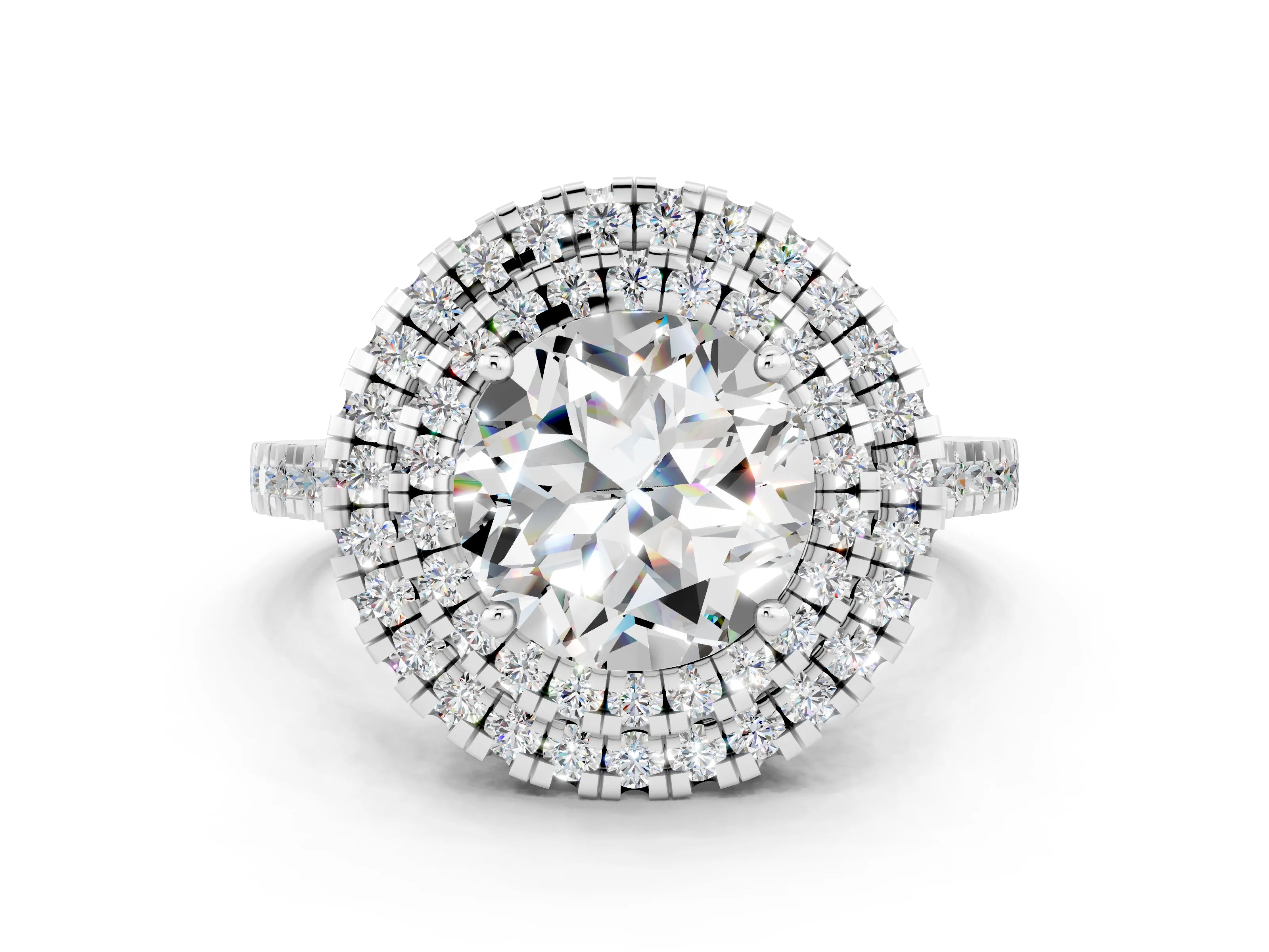 White gold Double Halo Round Cut Moissanite Pavé Band with Four-Prong Setting