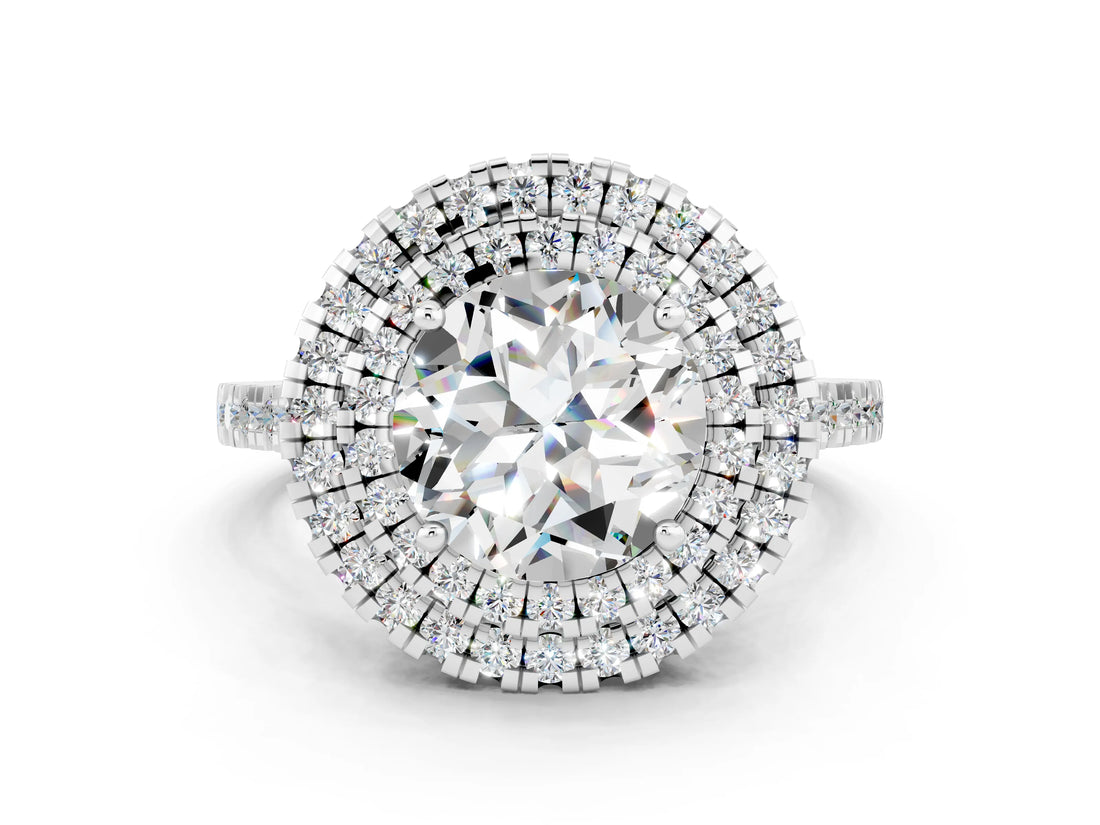 White gold Double Halo Round Cut Moissanite Pavé Band with Four-Prong Setting