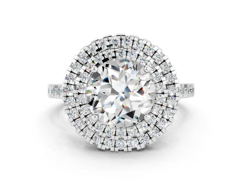 White gold Double Halo Round Cut Moissanite Pavé Band with Four-Prong Setting
