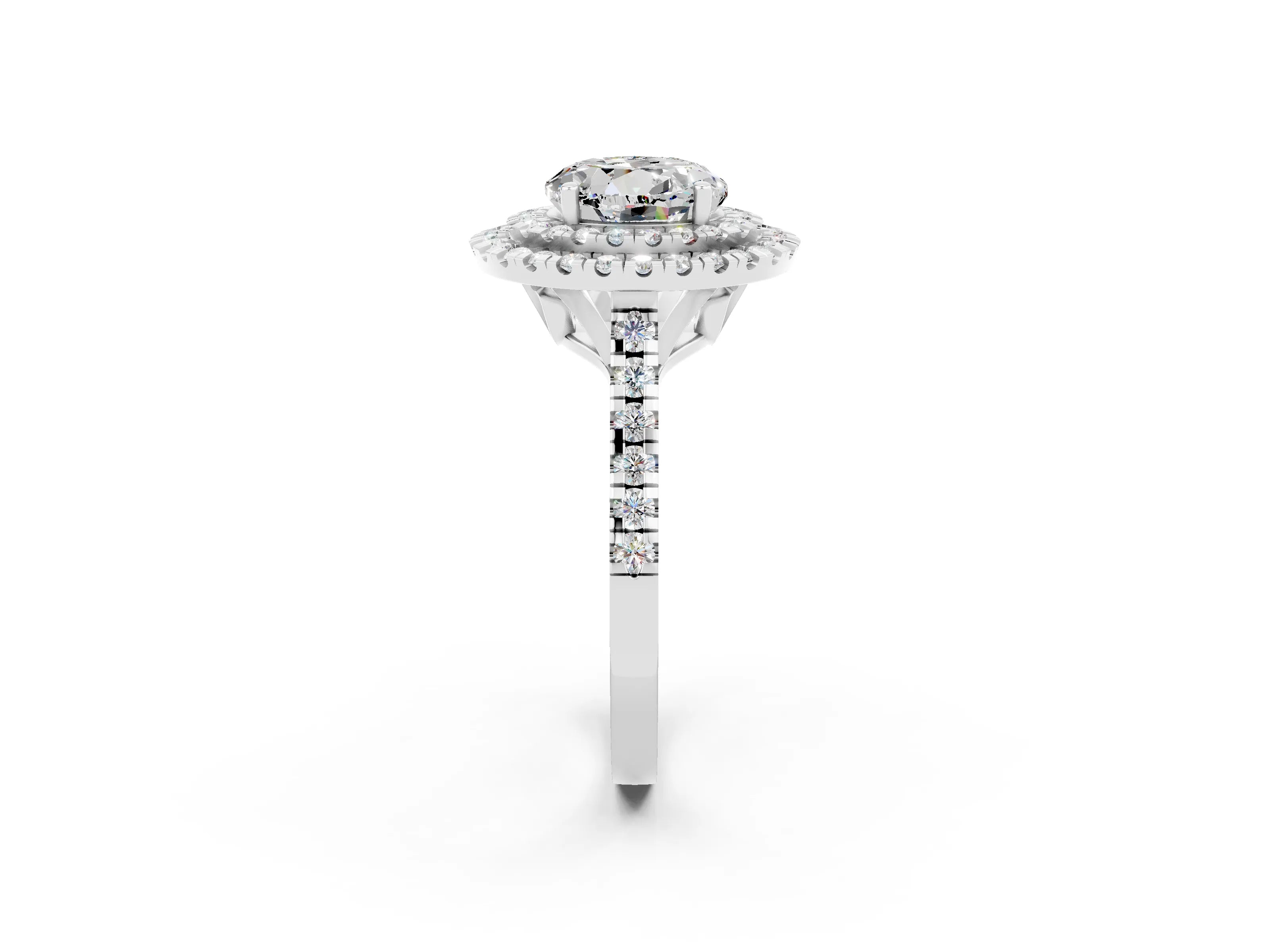 White gold Double Halo Round Cut Moissanite Pavé Band with Four-Prong Setting_2