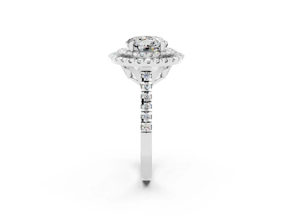 White gold Double Halo Round Cut Moissanite Pavé Band with Four-Prong Setting