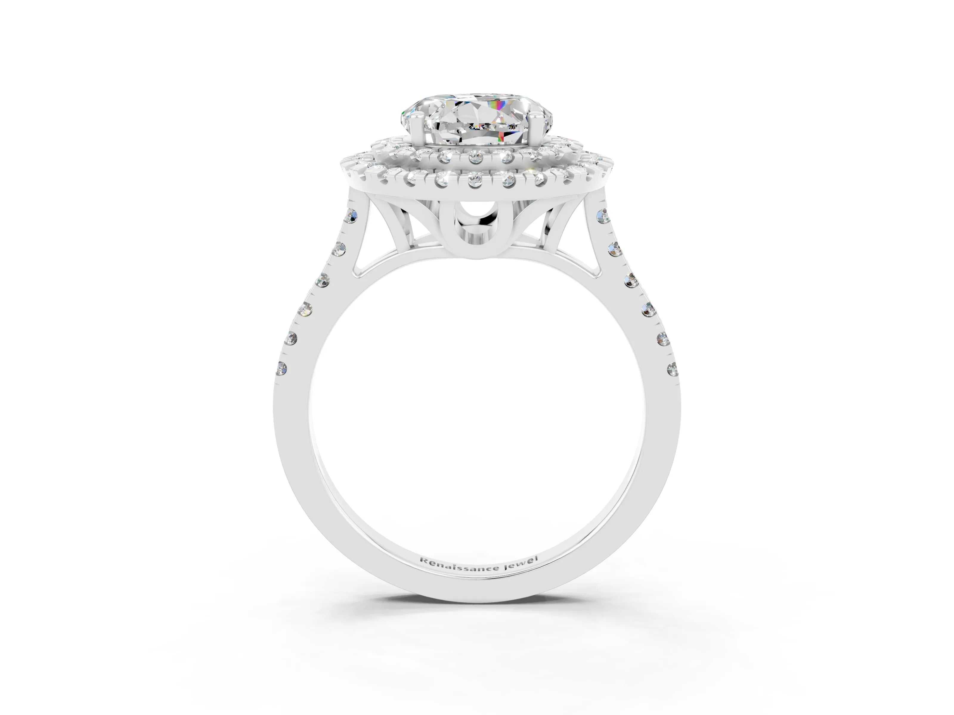 White gold Double Halo Round Cut Moissanite Pavé Band with Four-Prong Setting_3