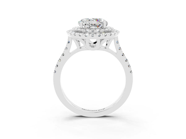 White gold Double Halo Round Cut Moissanite Pavé Band with Four-Prong Setting