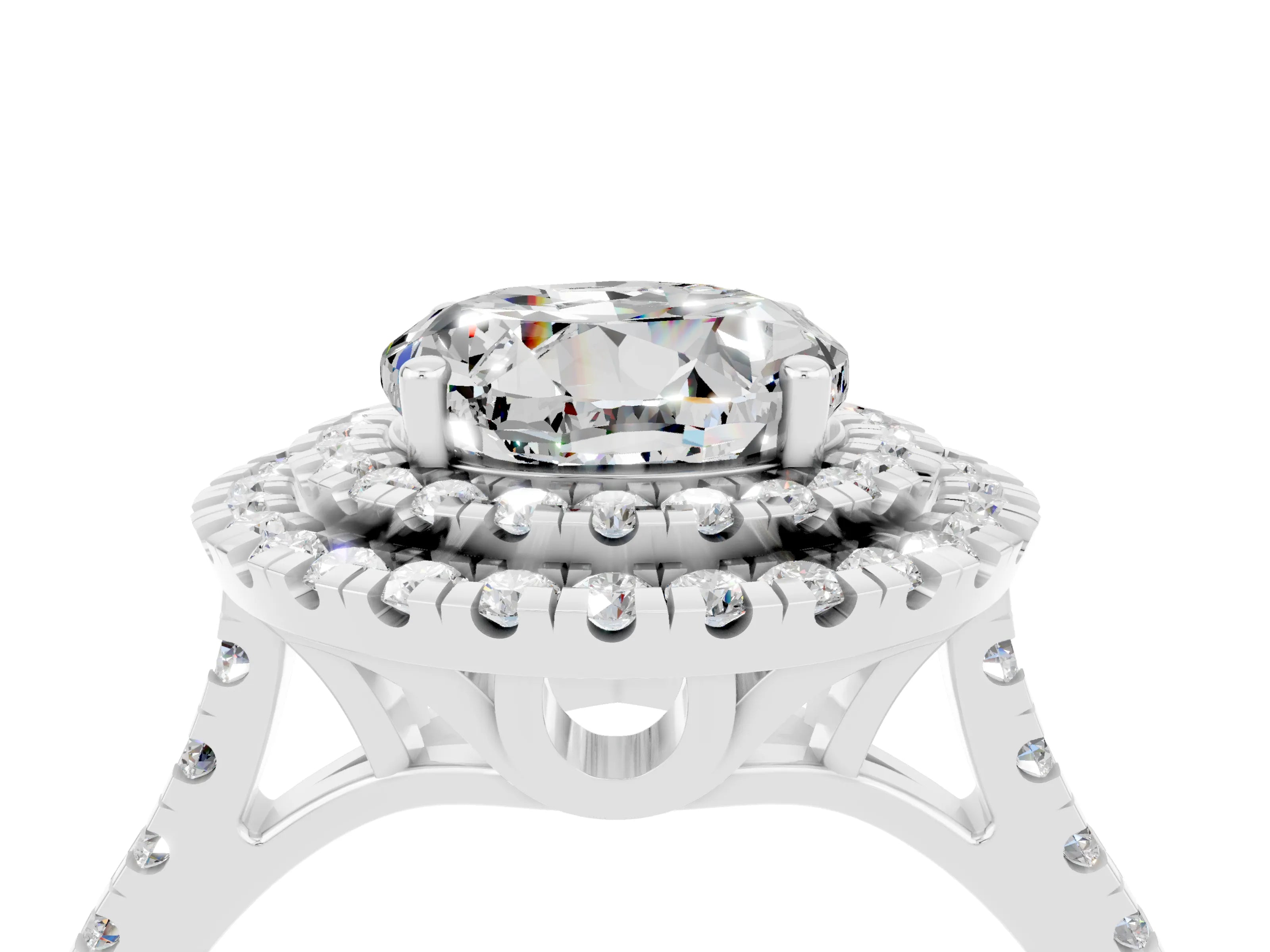 White gold Double Halo Round Cut Moissanite Pavé Band with Four-Prong Setting_4