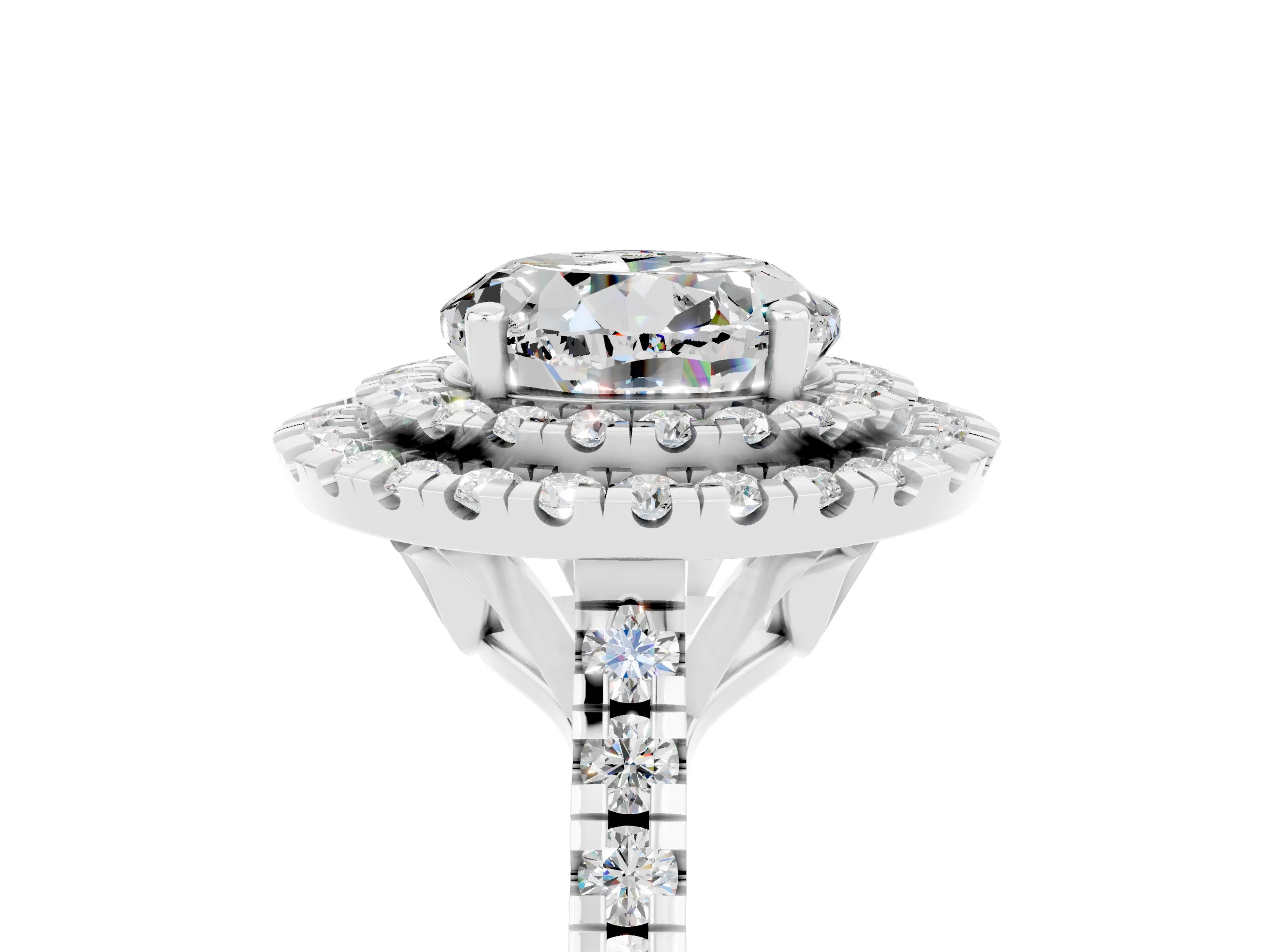 White gold Double Halo Round Cut Moissanite Pavé Band with Four-Prong Setting_5