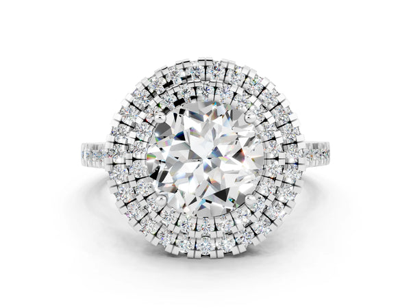 White gold Double Halo Round Cut Moissanite Pavé Band with Four-Prong Setting