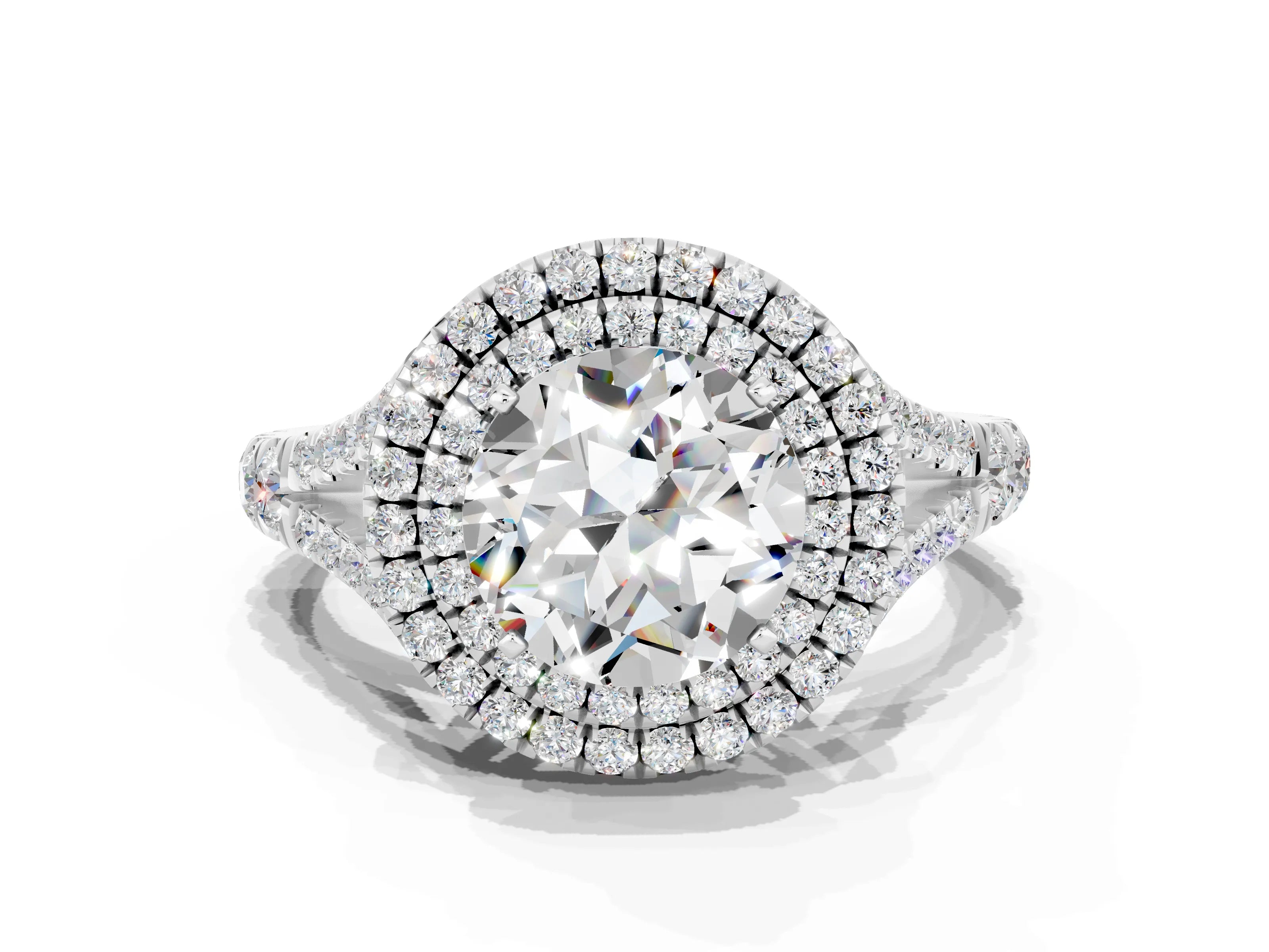White gold Double Halo Round Cut Moissanite Pavé Split Shank Ring with Prong Setting