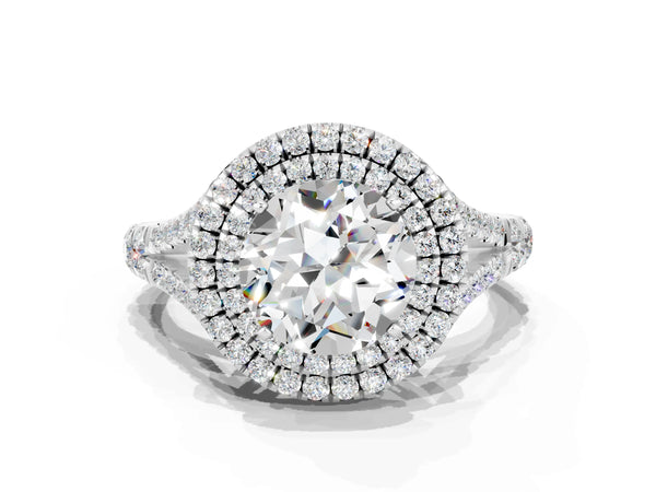 Platinum Double Halo Round Cut Moissanite Pavé Split Shank Ring with Prong Setting