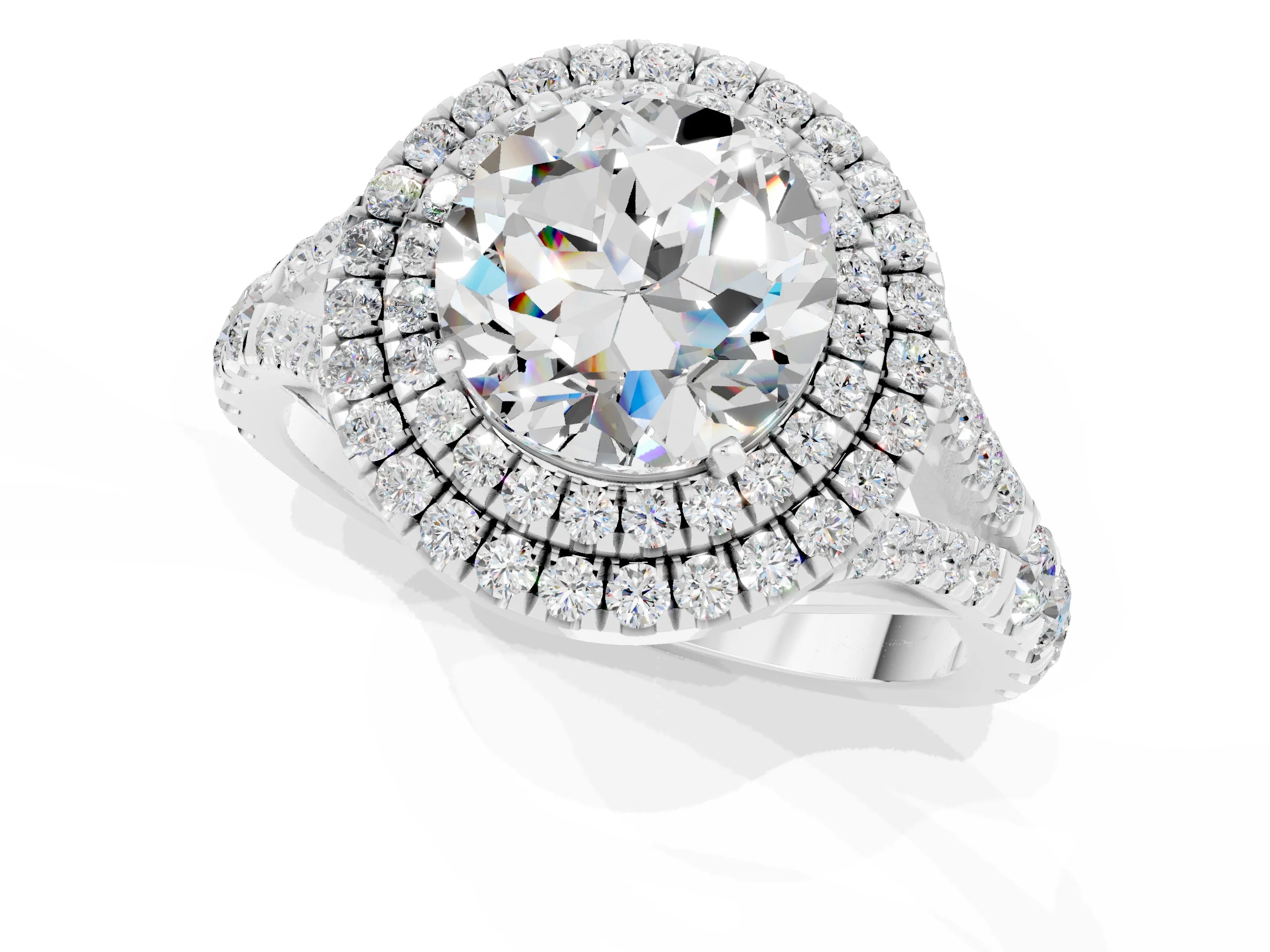 White gold Double Halo Round Cut Moissanite Pavé Split Shank Ring with Prong Setting_1