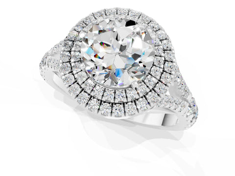 White gold Double Halo Round Cut Moissanite Pavé Split Shank Ring with Prong Setting_1