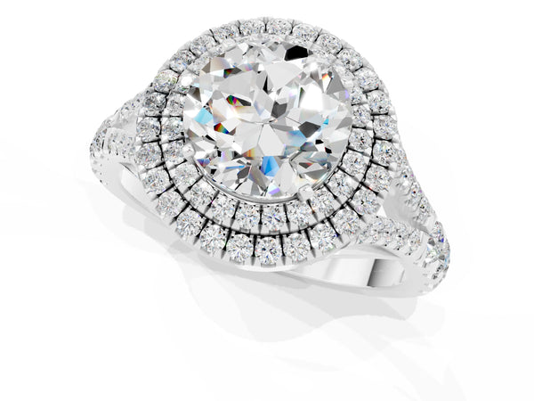 Silver Double Halo Round Cut Moissanite Pavé Split Shank Ring with Prong Setting