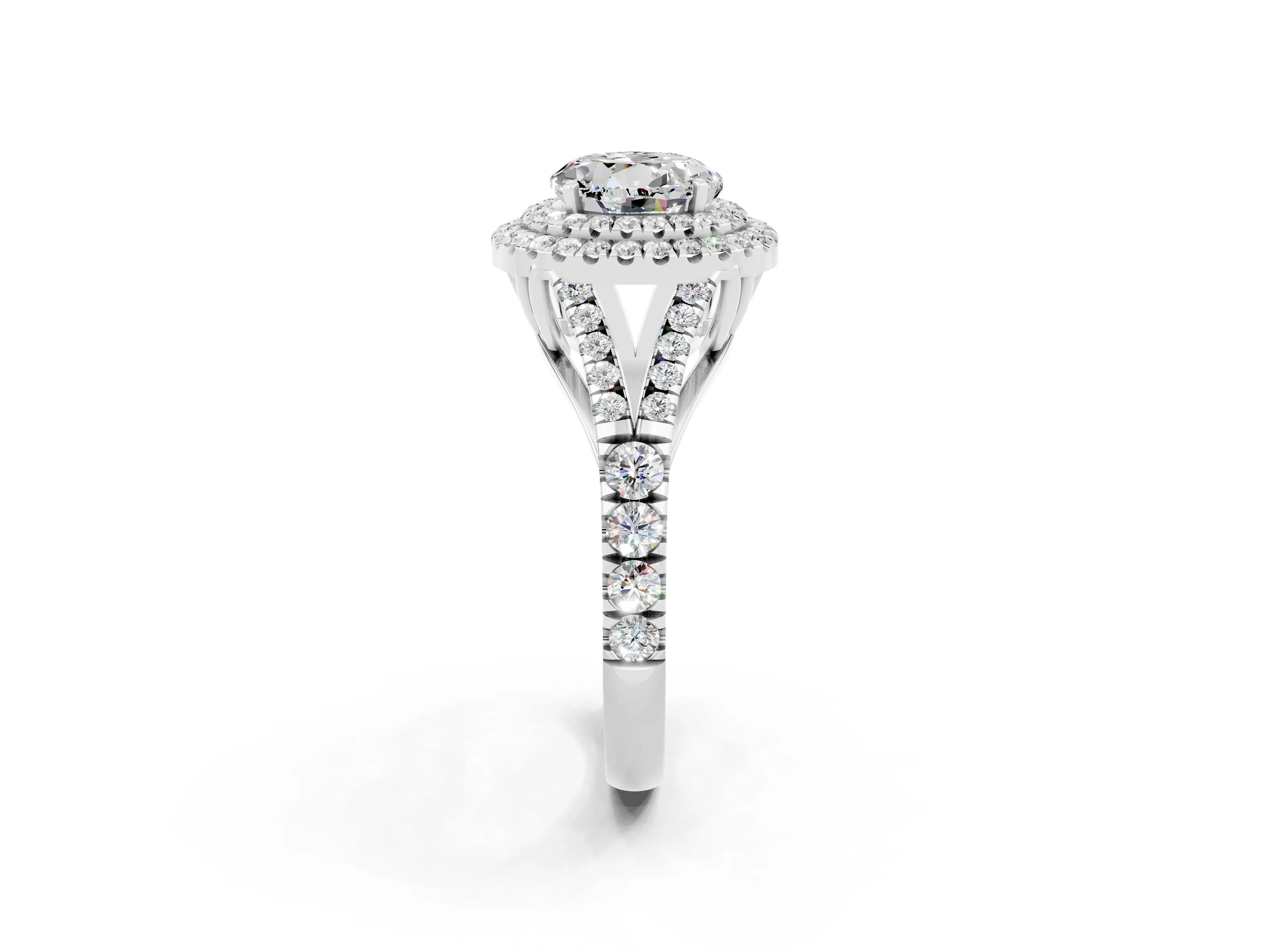 White gold Double Halo Round Cut Moissanite Pavé Split Shank Ring with Prong Setting_2