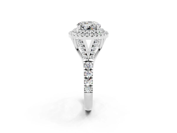 White gold Double Halo Round Cut Moissanite Pavé Split Shank Ring with Prong Setting