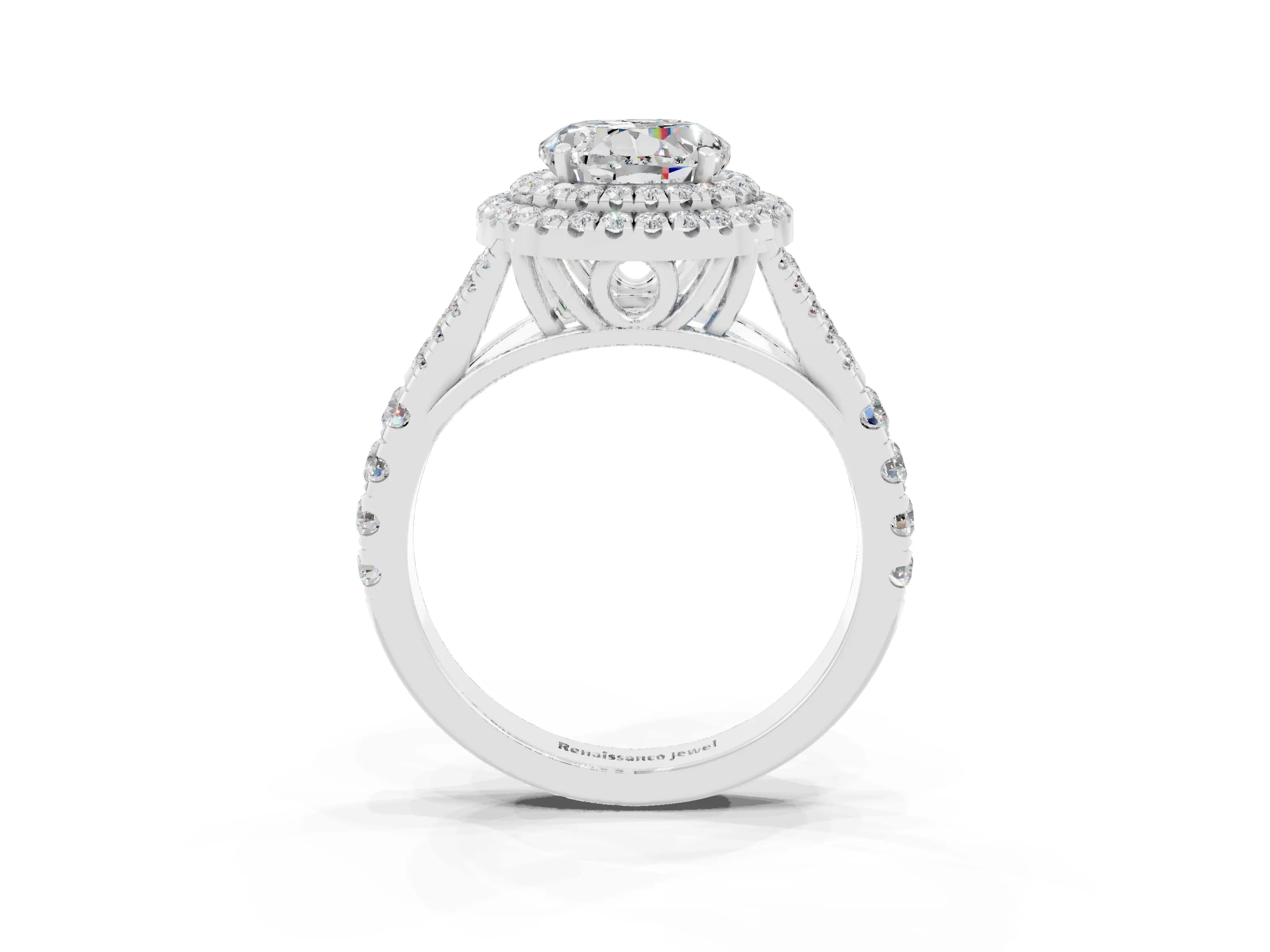 White gold Double Halo Round Cut Moissanite Pavé Split Shank Ring with Prong Setting_3