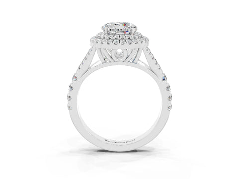 White gold Double Halo Round Cut Moissanite Pavé Split Shank Ring with Prong Setting_3