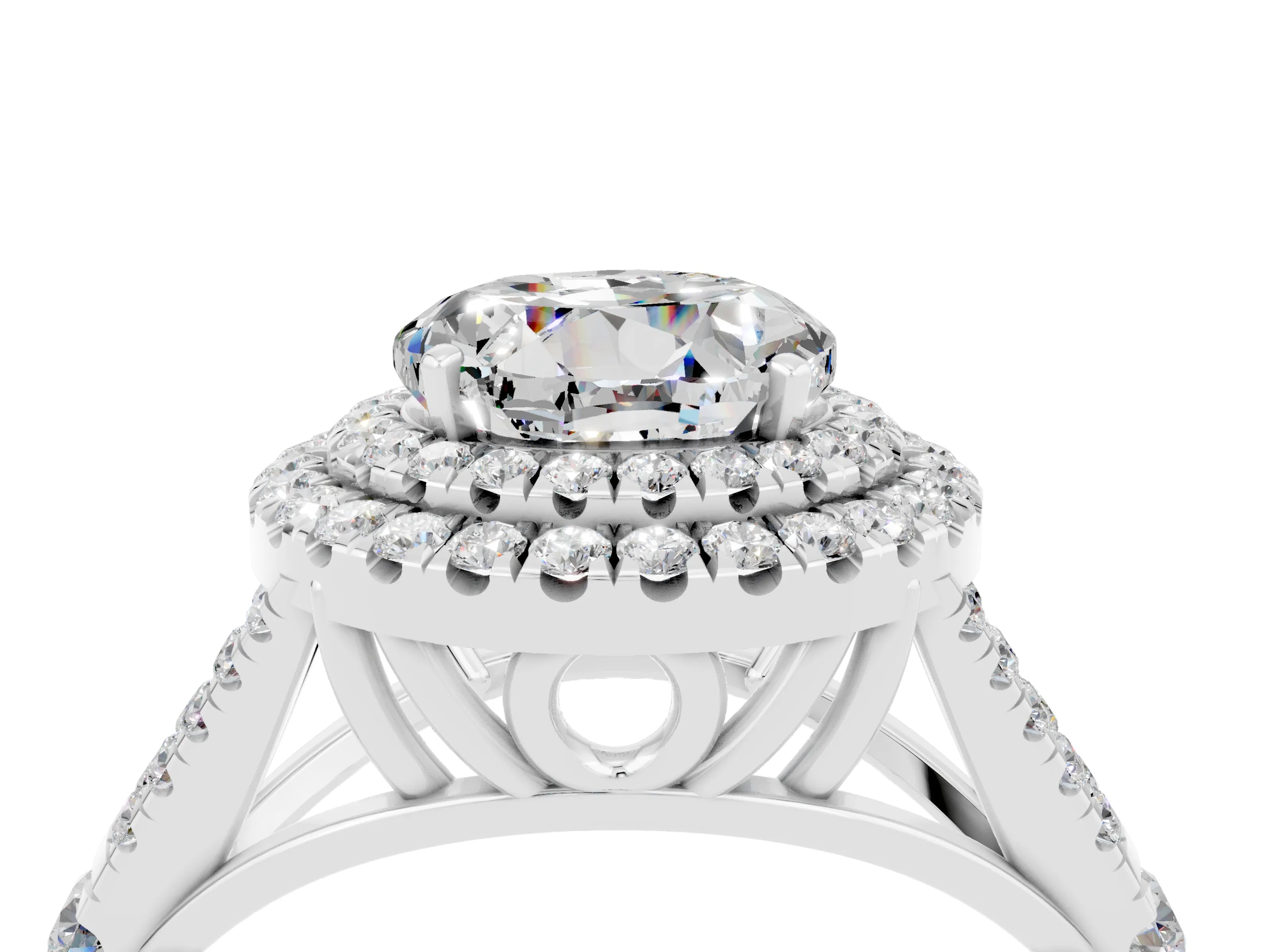 White gold Double Halo Round Cut Moissanite Pavé Split Shank Ring with Prong Setting_4
