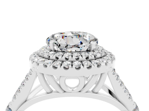 White gold Double Halo Round Cut Moissanite Pavé Split Shank Ring with Prong Setting_4
