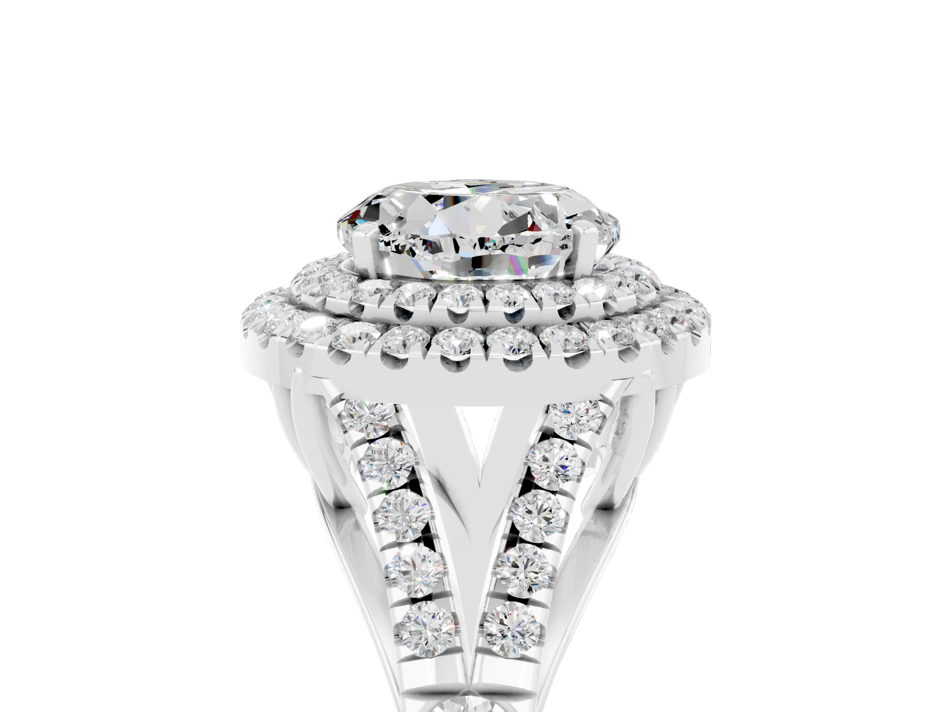 White gold Double Halo Round Cut Moissanite Pavé Split Shank Ring with Prong Setting_5