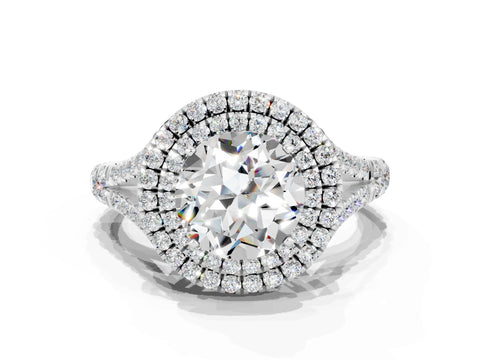 White gold Double Halo Round Cut Moissanite Pavé Split Shank Ring with Prong Setting