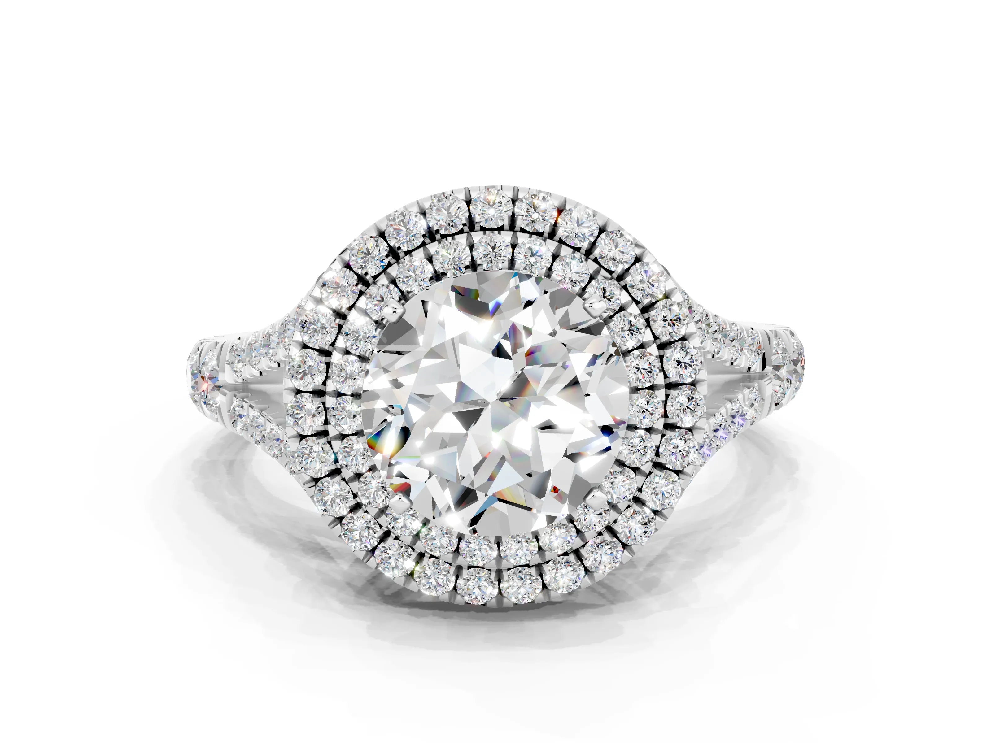 White gold Double Halo Round Cut Moissanite Split Shank Engagement Ring with Four-Prong Setting