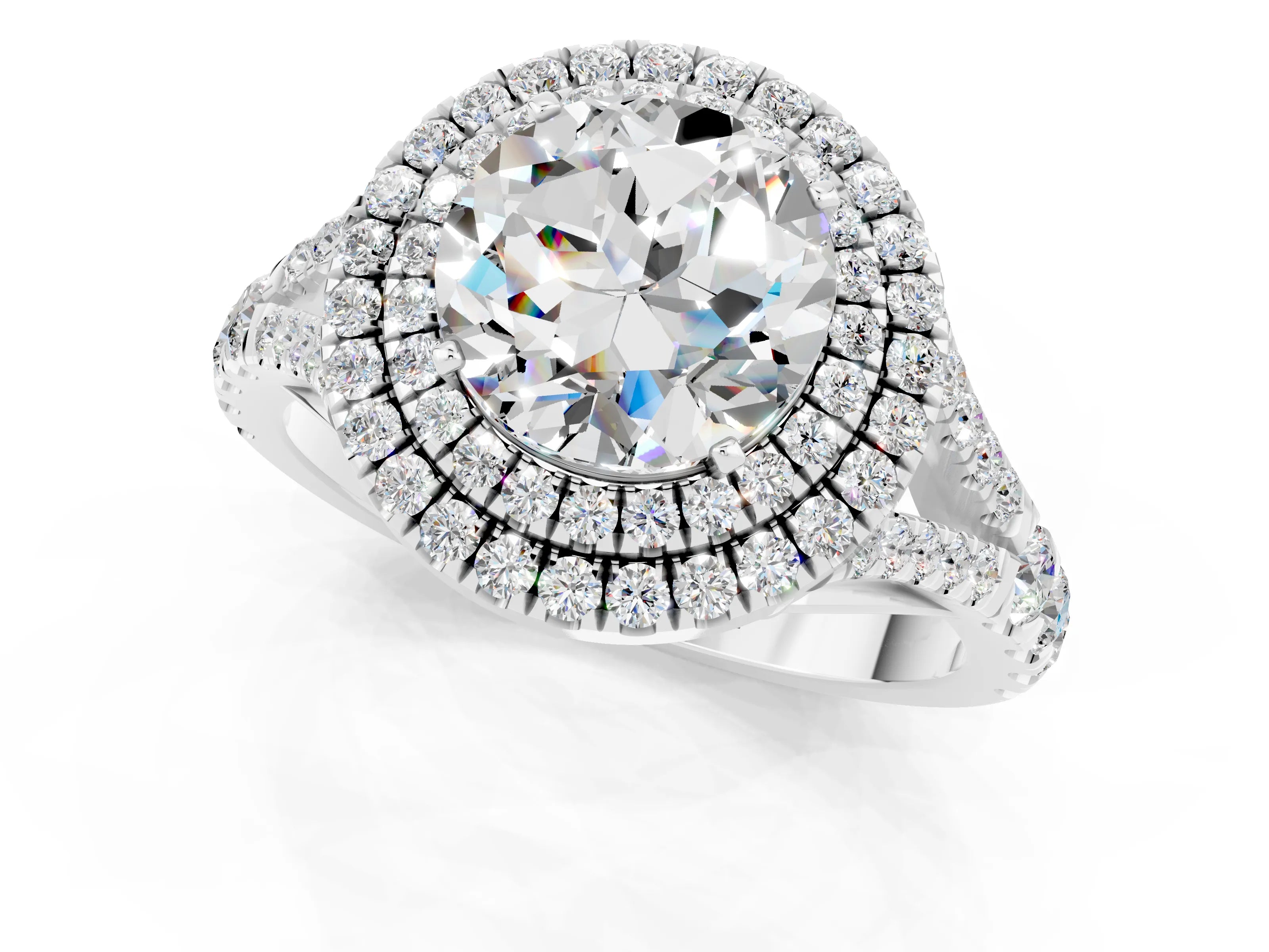 White gold Double Halo Round Cut Moissanite Split Shank Engagement Ring with Four-Prong Setting_1