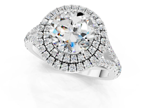 White gold Double Halo Round Cut Moissanite Split Shank Engagement Ring with Four-Prong Setting