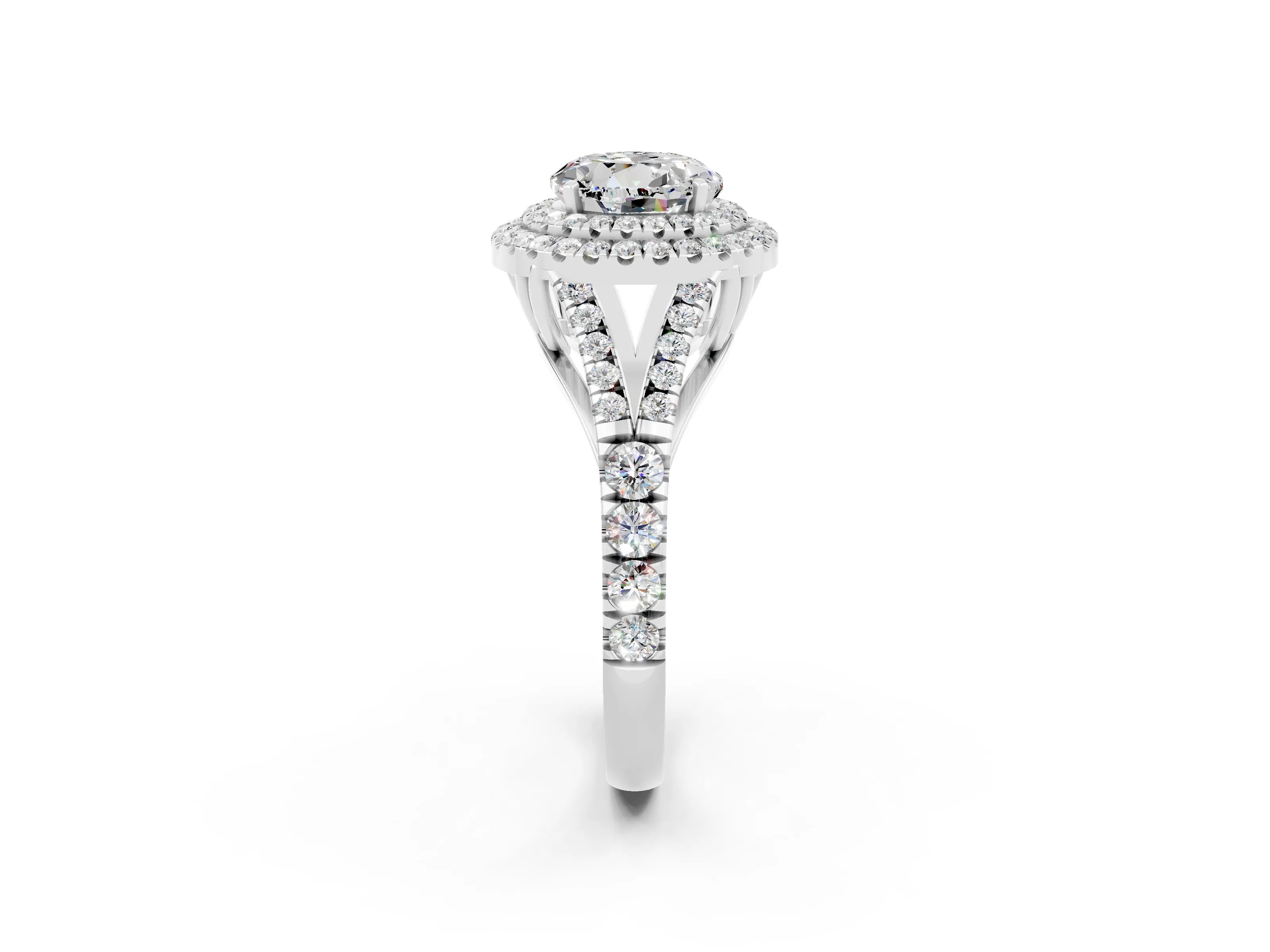 White gold Double Halo Round Cut Moissanite Split Shank Engagement Ring with Four-Prong Setting_2