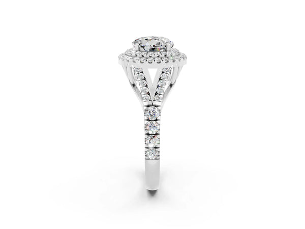 White gold Double Halo Round Cut Moissanite Split Shank Engagement Ring with Four-Prong Setting