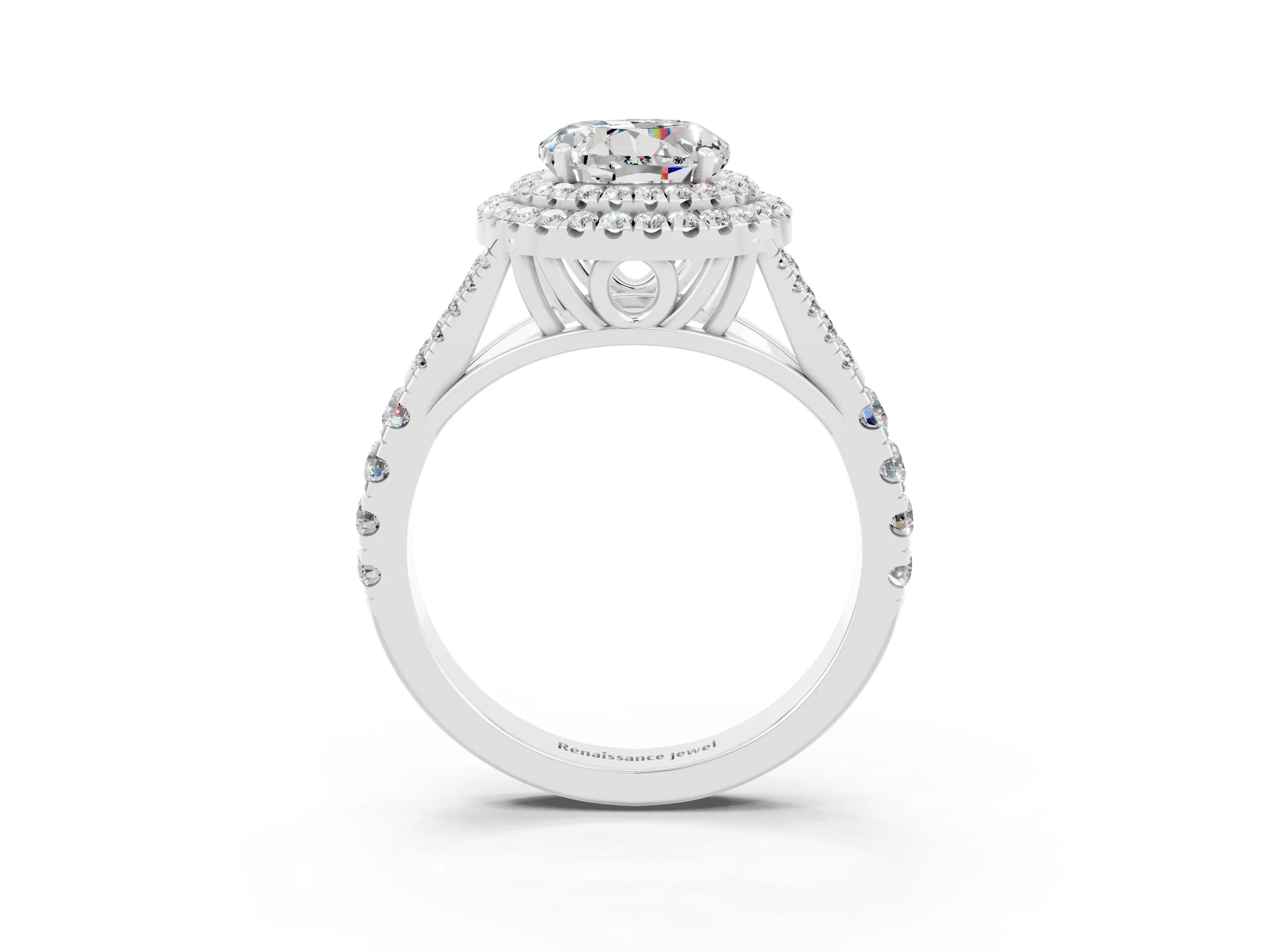 White gold Double Halo Round Cut Moissanite Split Shank Engagement Ring with Four-Prong Setting_3