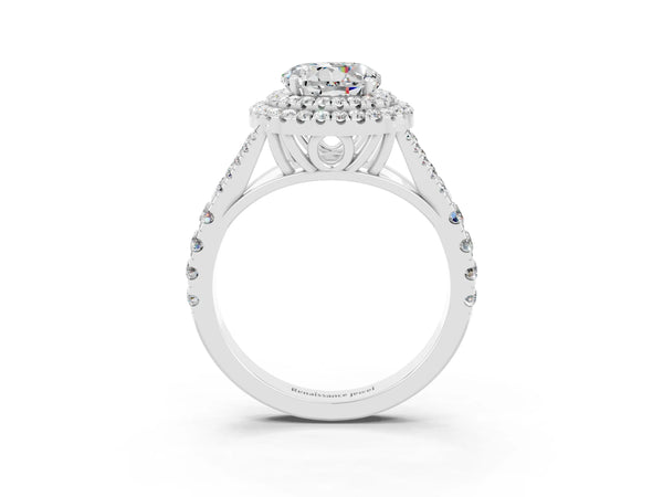 White gold Double Halo Round Cut Moissanite Split Shank Engagement Ring with Four-Prong Setting