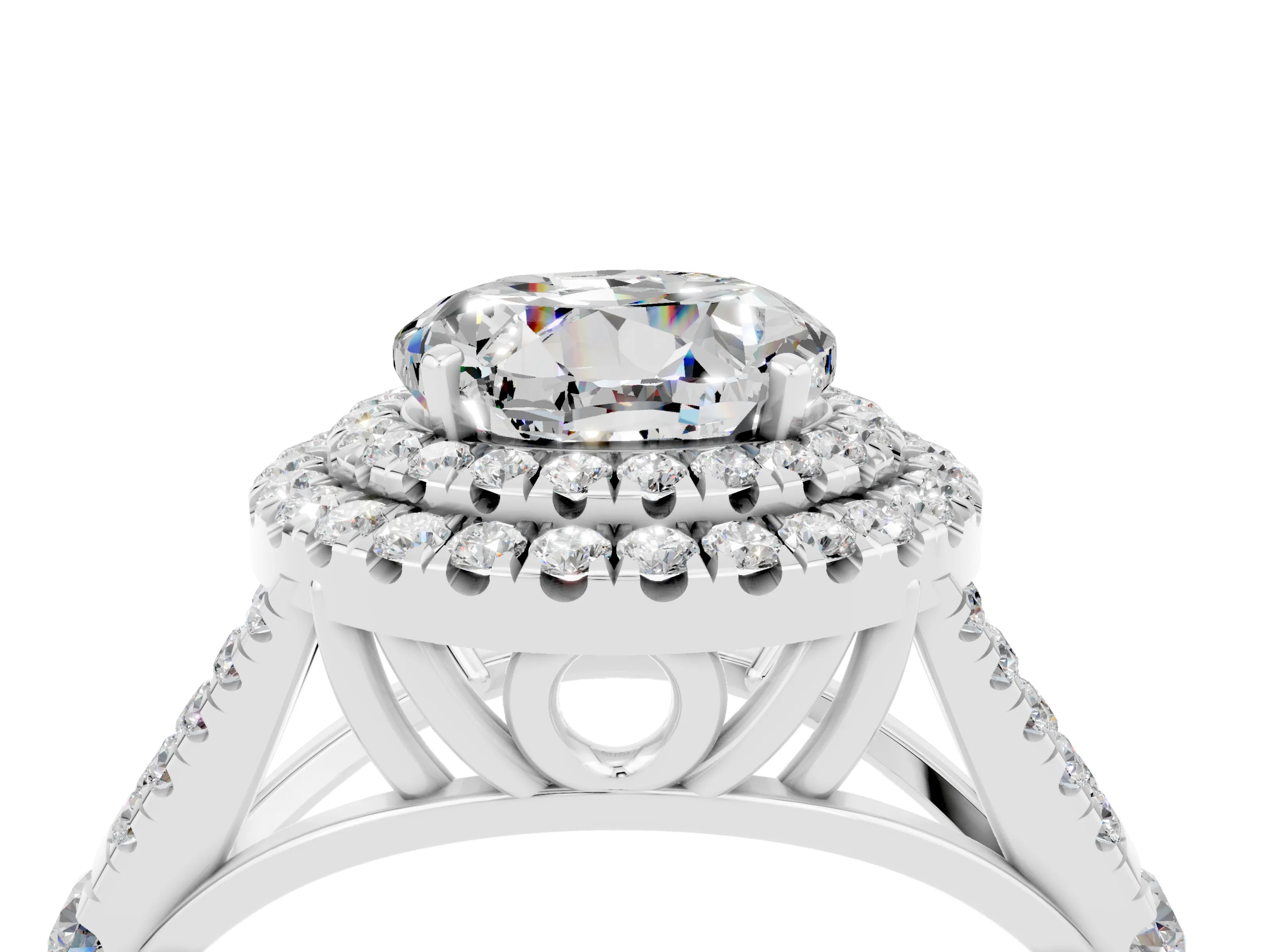 White gold Double Halo Round Cut Moissanite Split Shank Engagement Ring with Four-Prong Setting_4