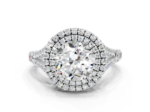 White gold Double Halo Round Cut Moissanite Split Shank Engagement Ring with Four-Prong Setting